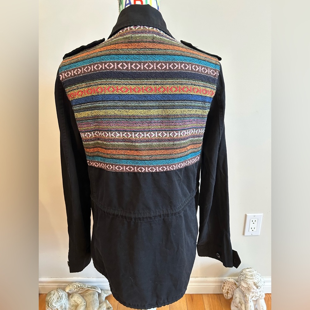 Black Military Field Jacket with Vibrant Tribal Back Panel by Nameless